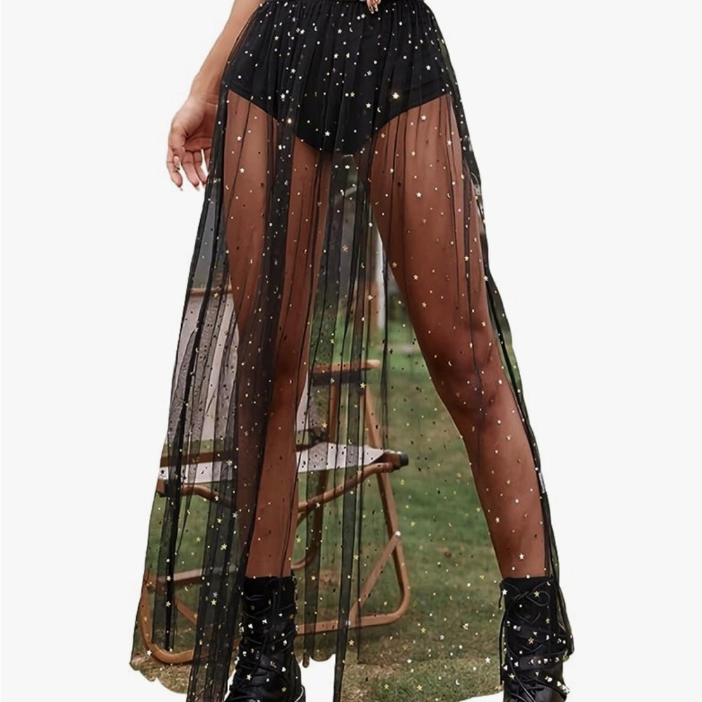 Black sheer maxi skirt with tiny stars and built in breathable black “panties”